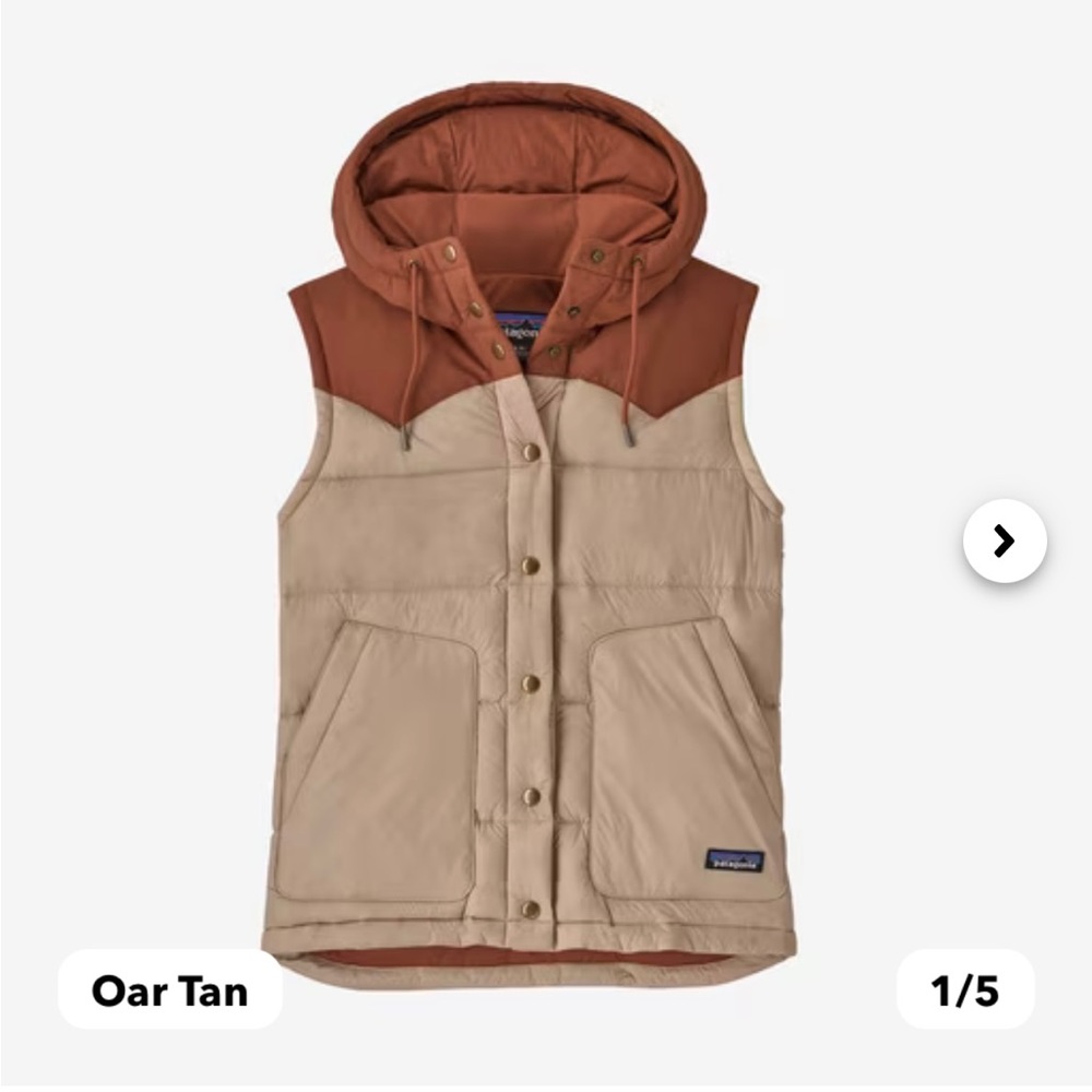 Patagonia Oar Tan and Rust Hooded Down Vest
